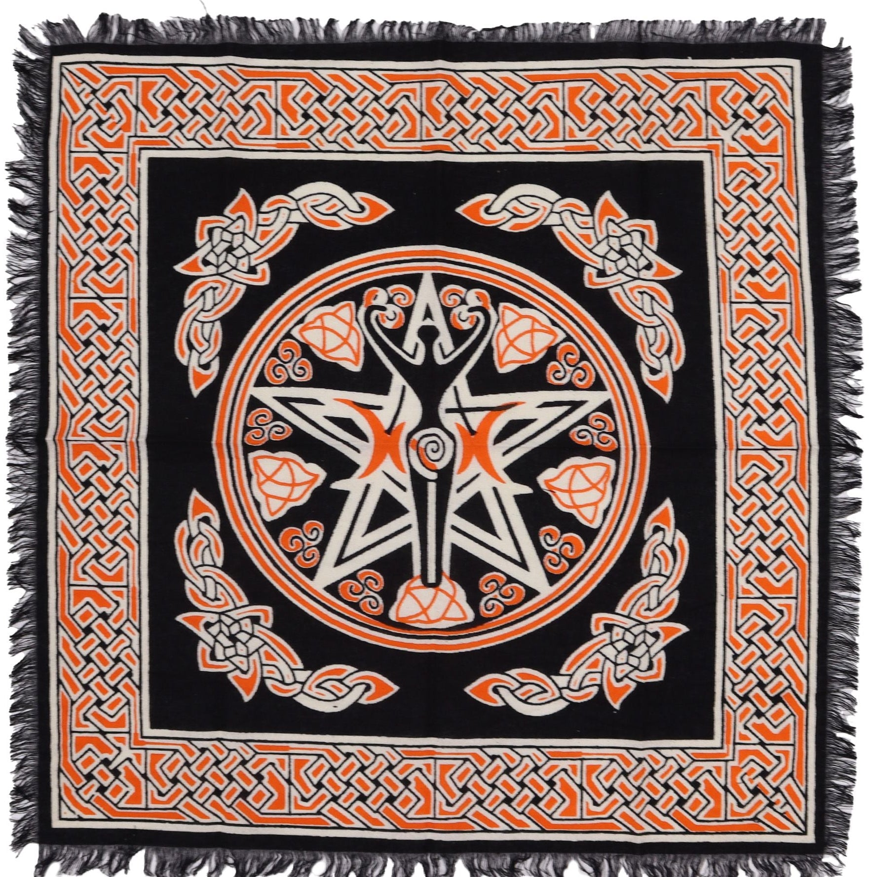 Decorative throw blanket with Celtic knot patterns and central design on a black background