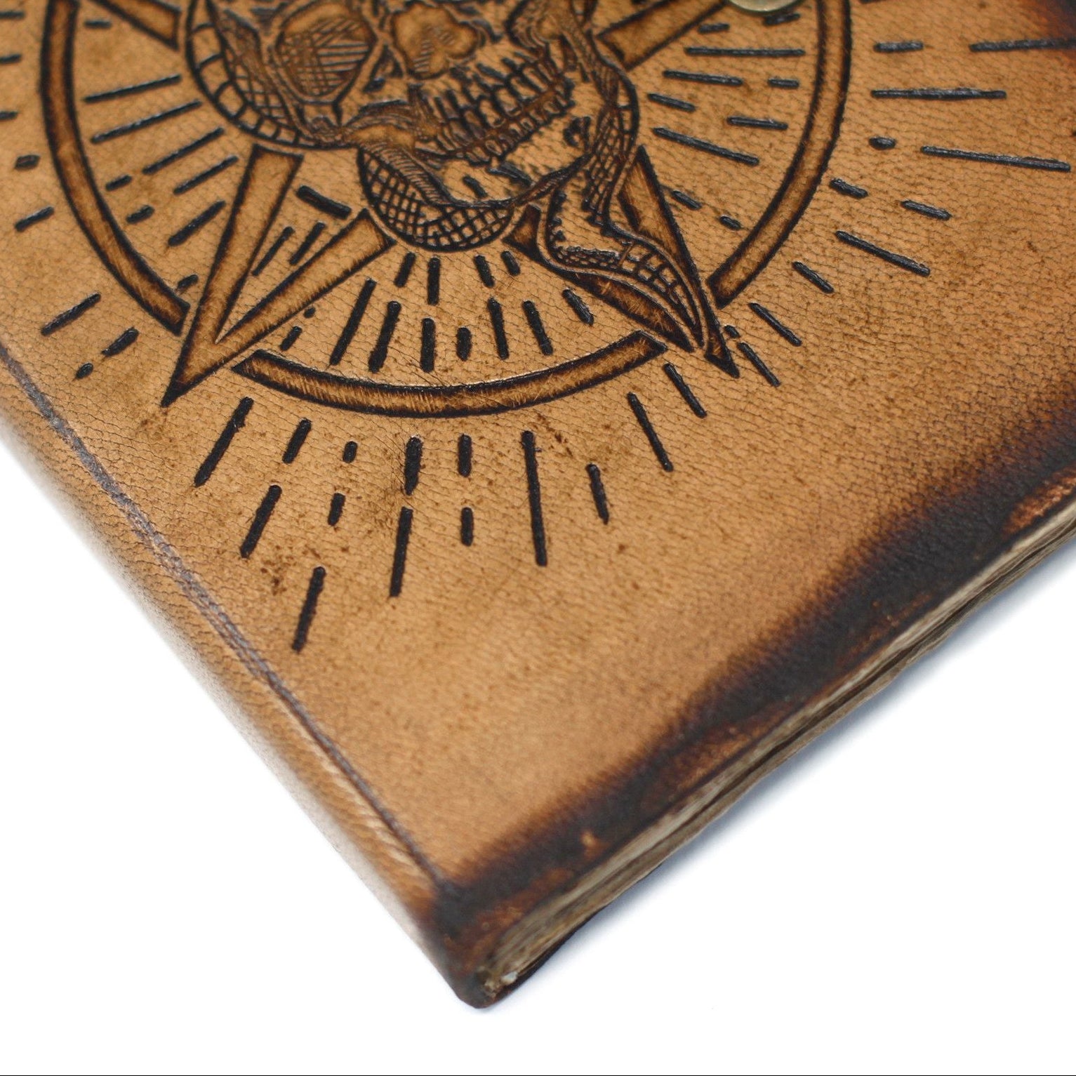 Brown leather wallet with embossed skull and crossbones design on a white background