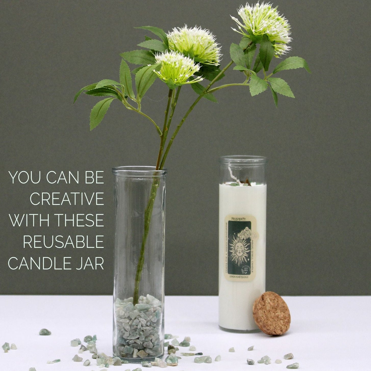 Reusable candle jar with a plant and text on a gray background
