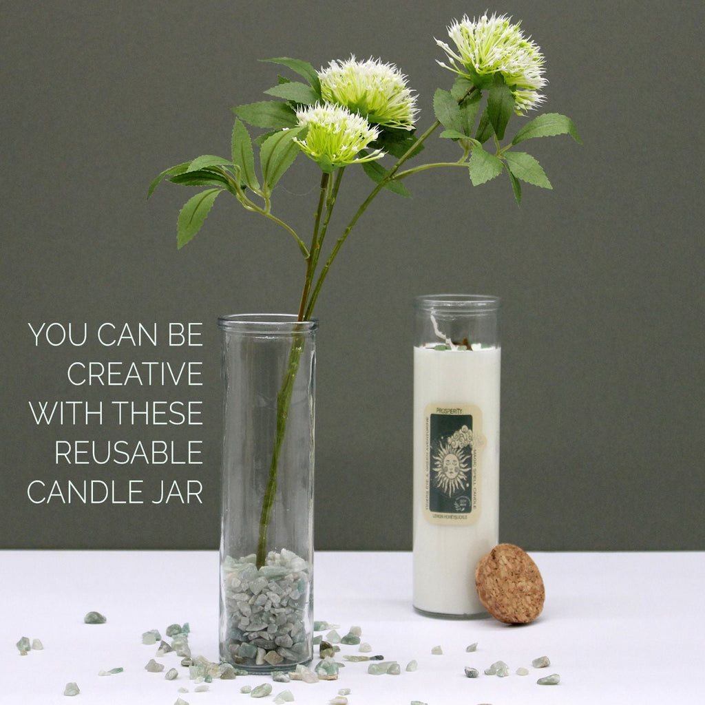 Reusable candle jar with a plant and text on a gray background