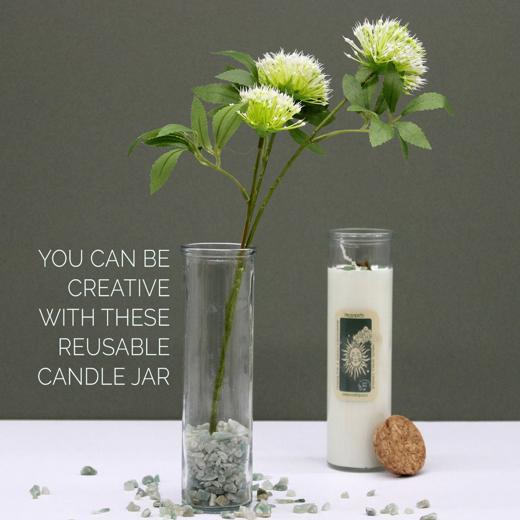 Reusable candle jar with a plant and text on a gray background