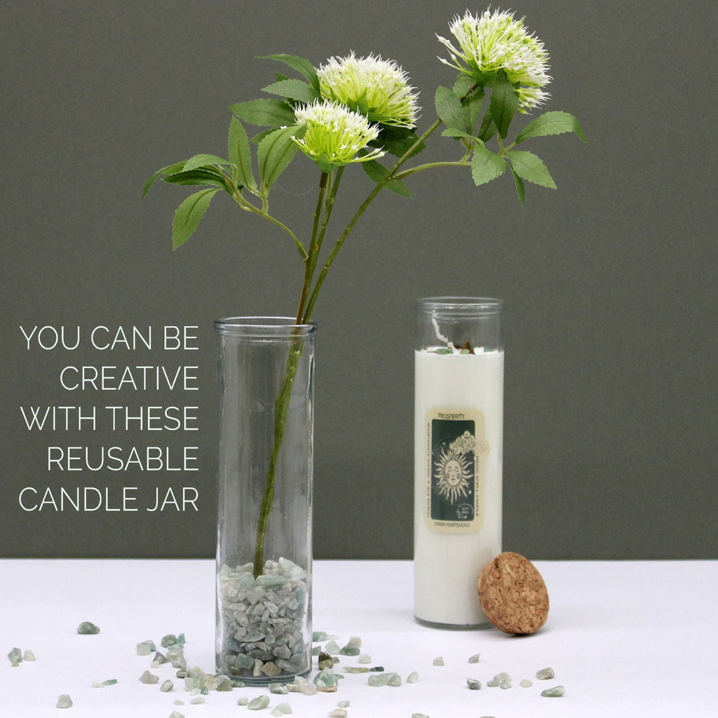 Reusable candle jar with a plant and text on a gray background