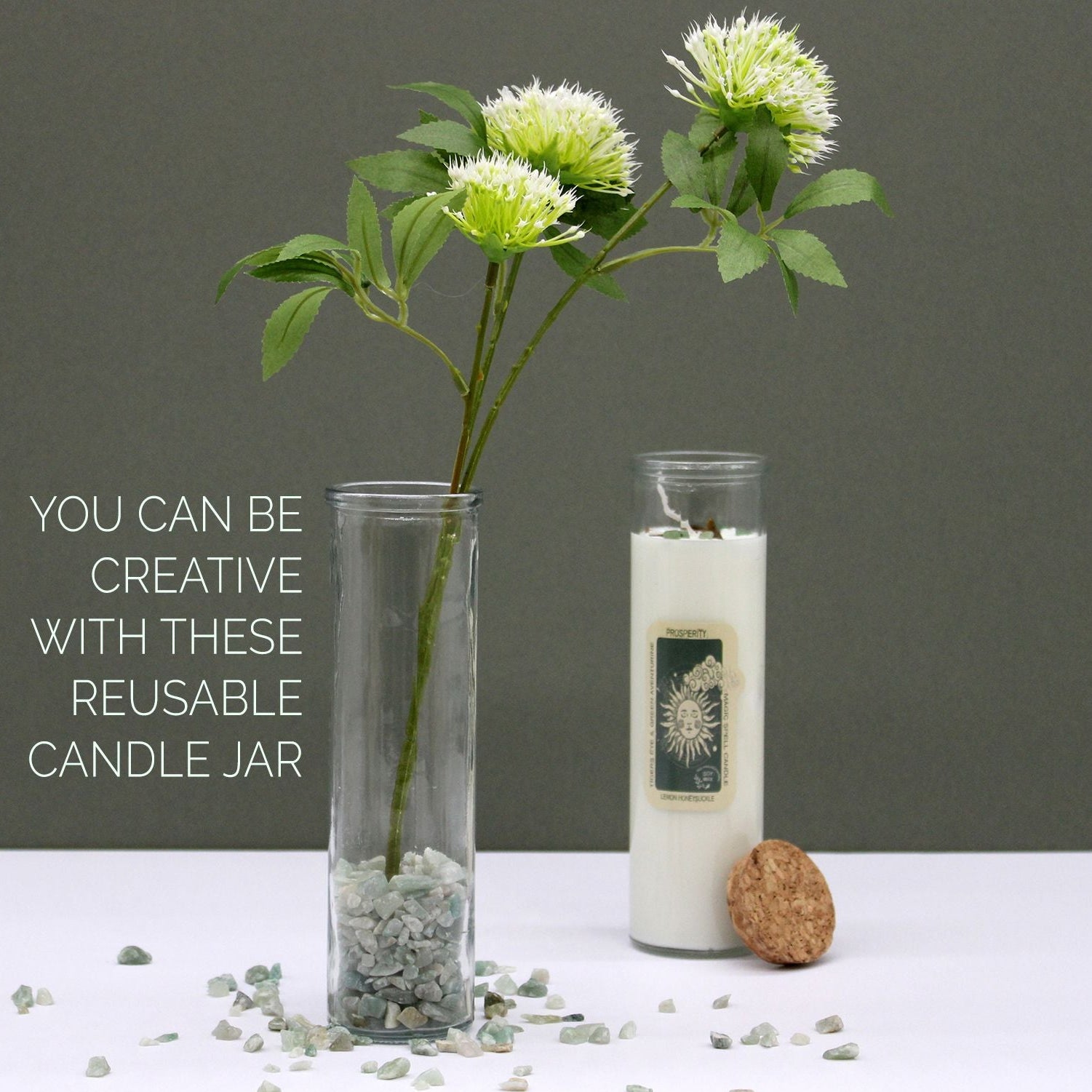 Reusable candle jar with a plant and text on a gray background