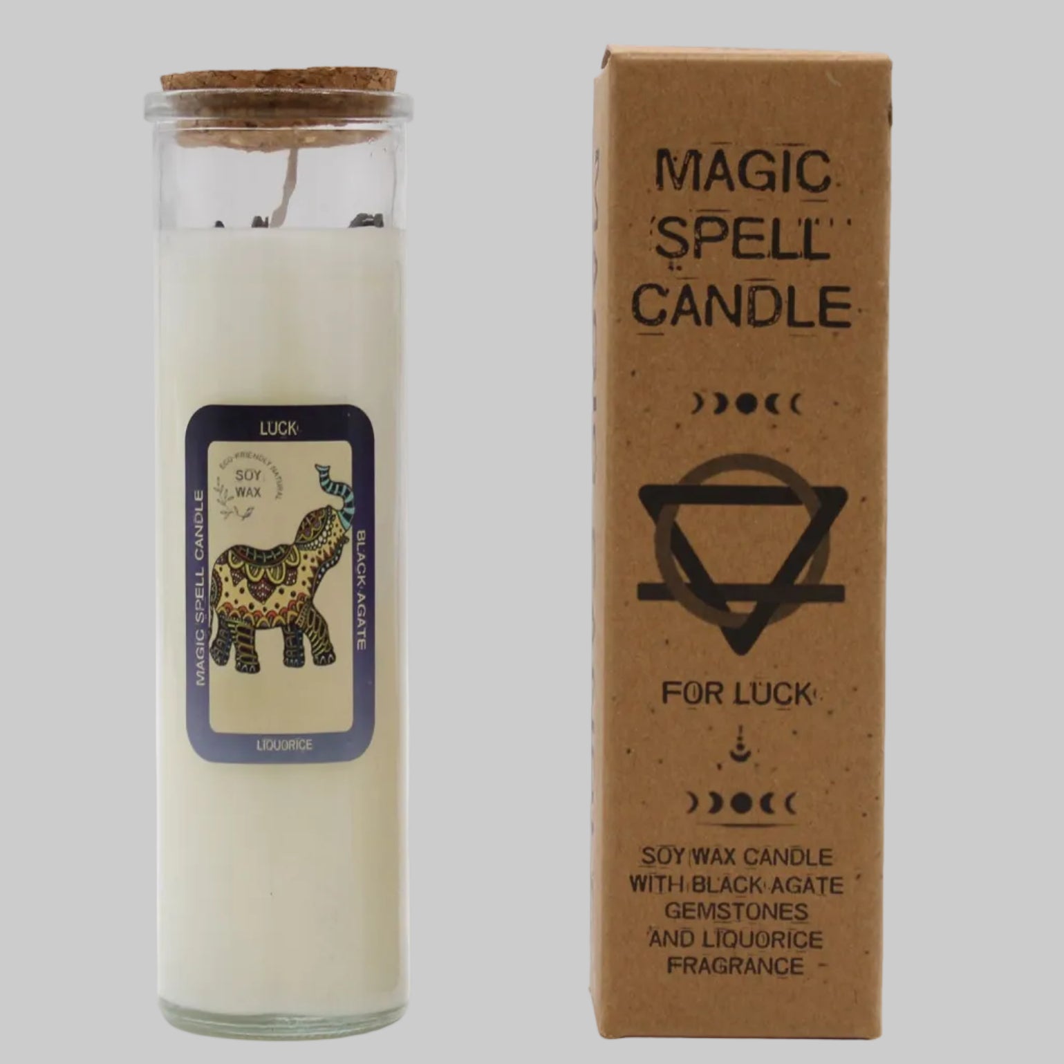 Magic spell candle for luck with packaging on a white background