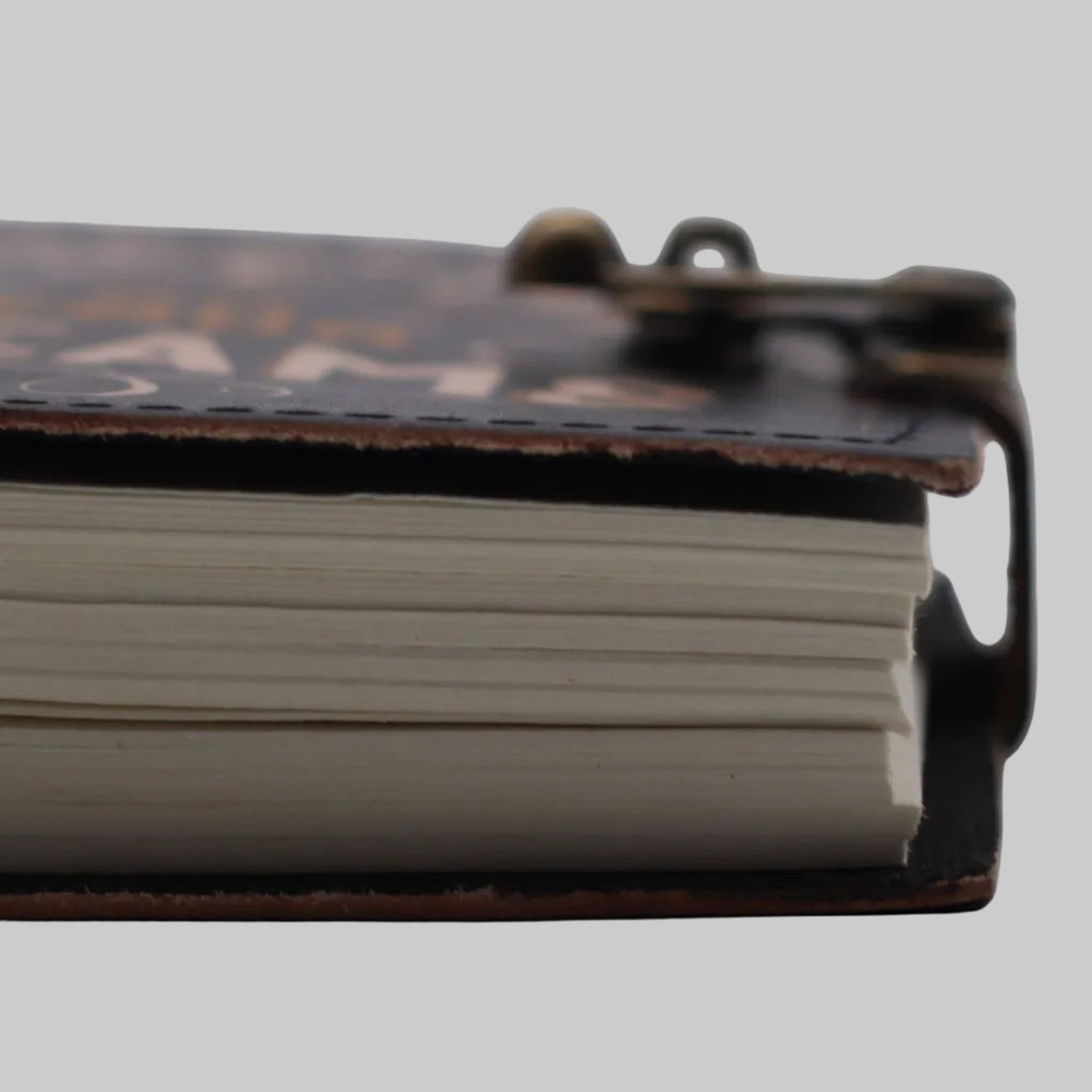 Close-up of a leather-bound notebook with visible pages on a white background
