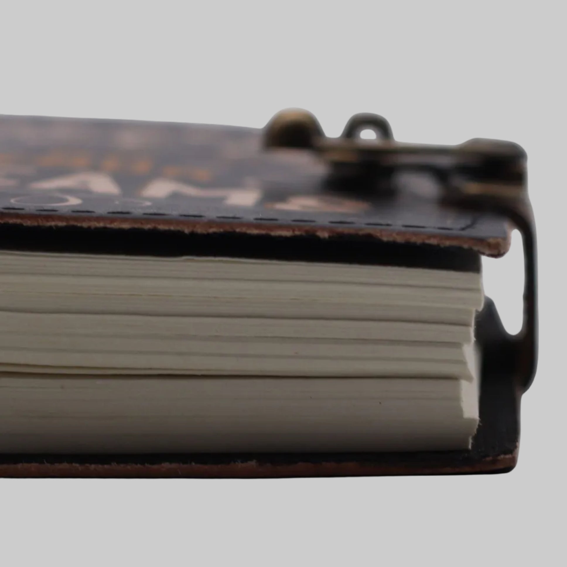 Close-up of a leather-bound notebook with visible pages on a white background