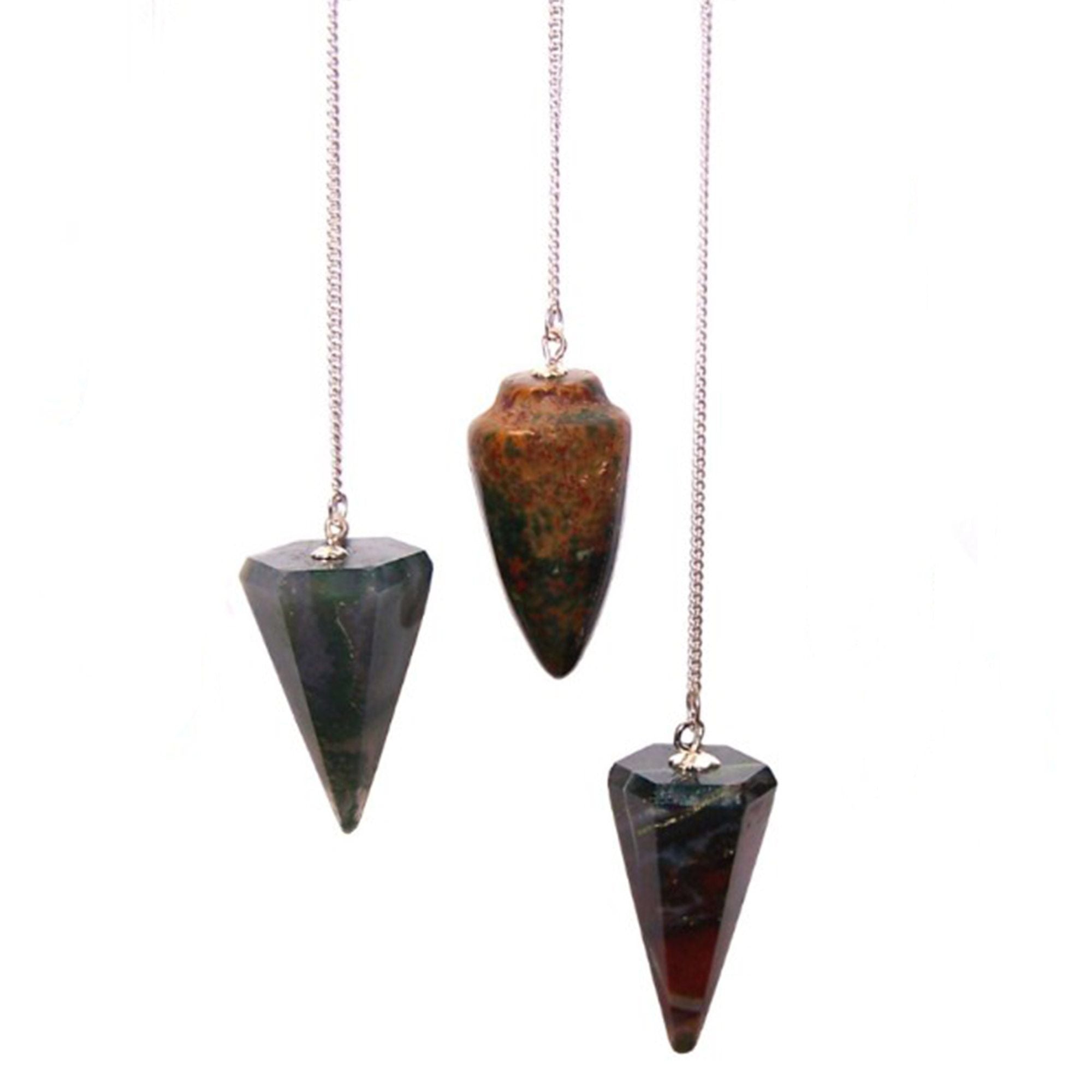 Three stone pendulums on chains against a white background