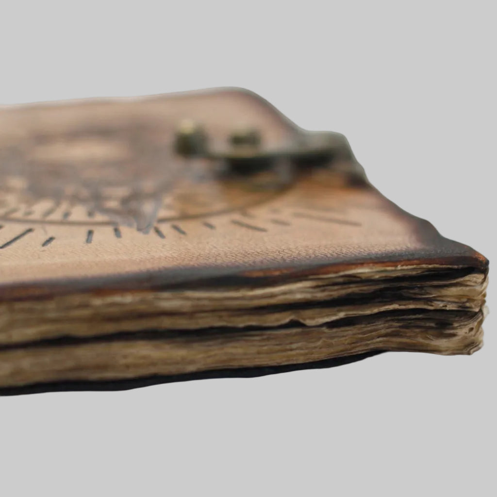 Close-up of an old leather-bound book with visible wear on a white background