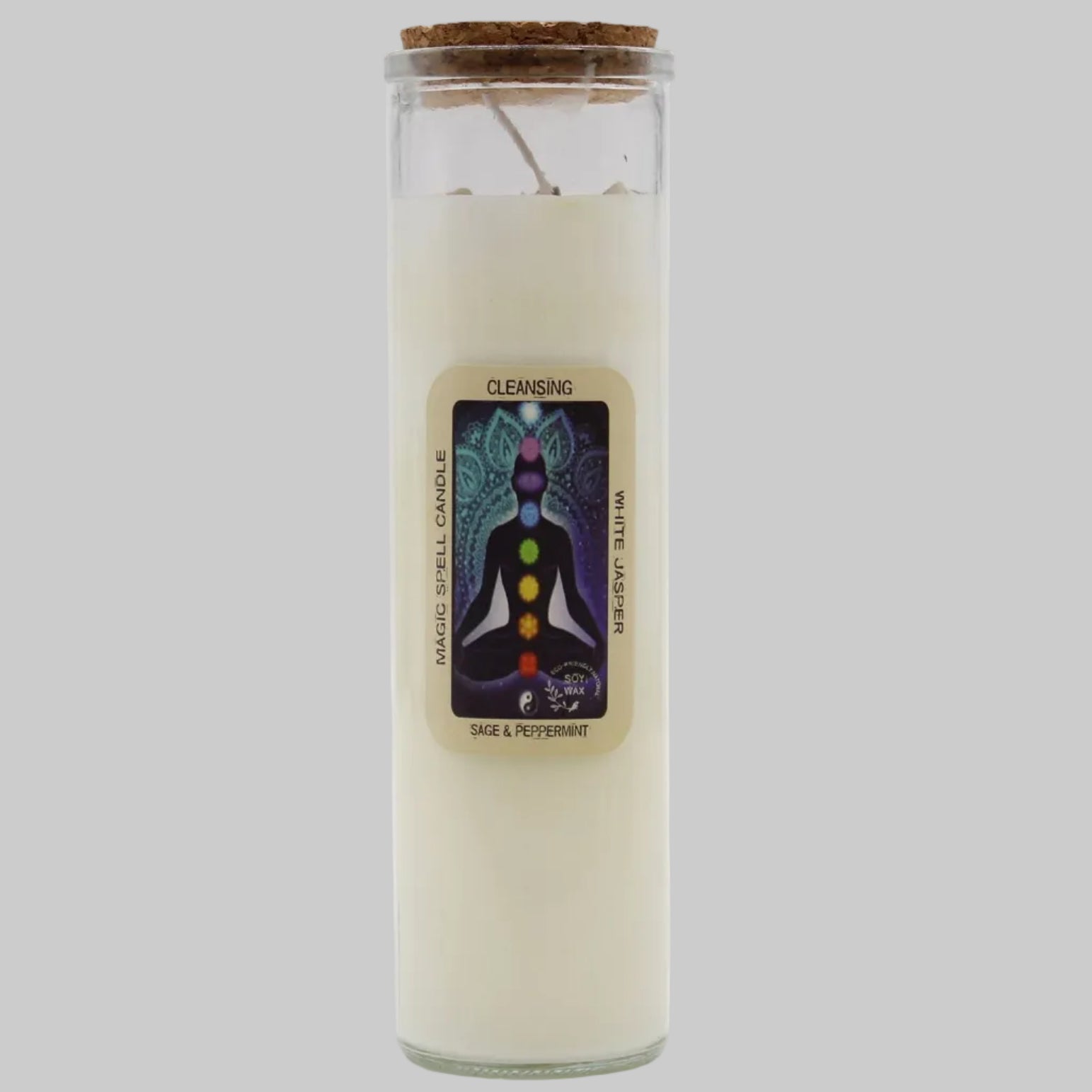 Candle with a label featuring a chakra symbol on a white background