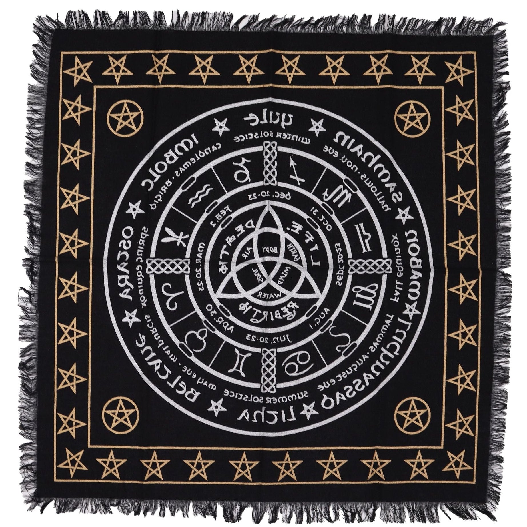 Black square cloth with white circular design and gold stars and symbols