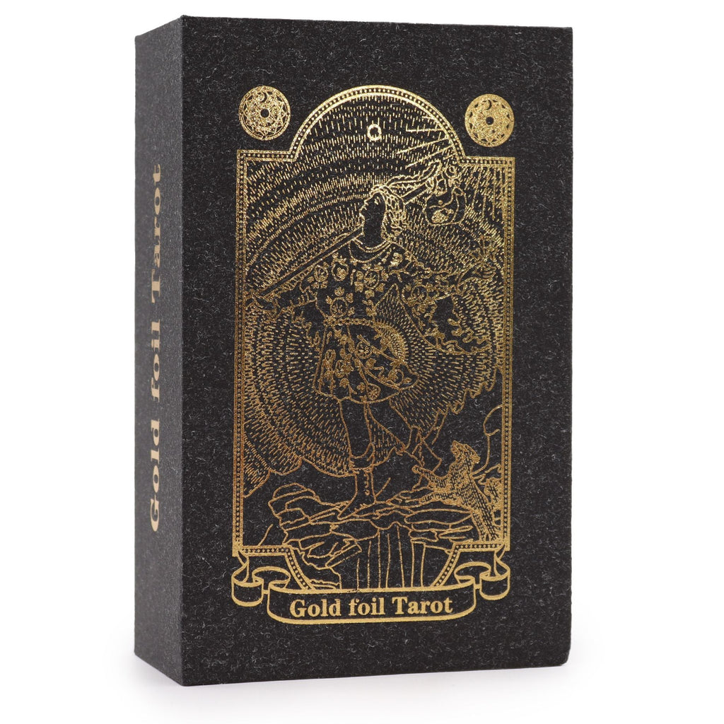 Black tarot card box with gold foil design and text on a white background