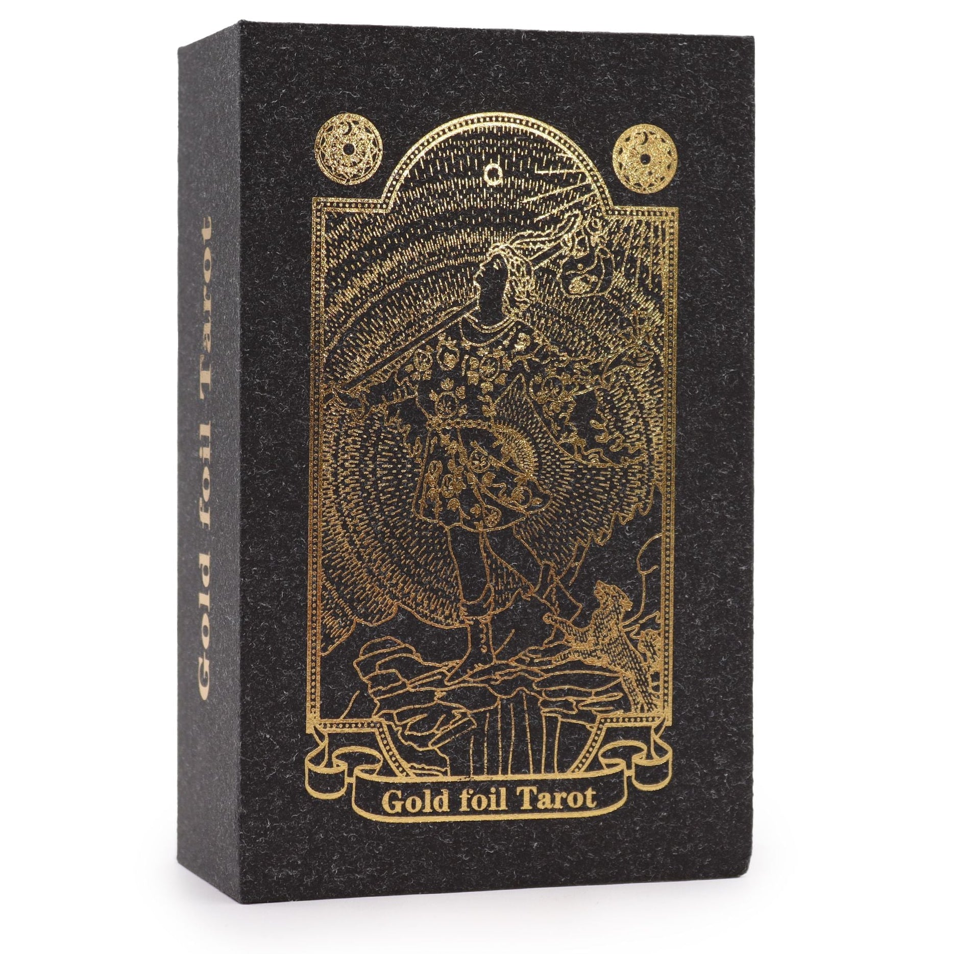 Black tarot card box with gold foil design and text on a white background