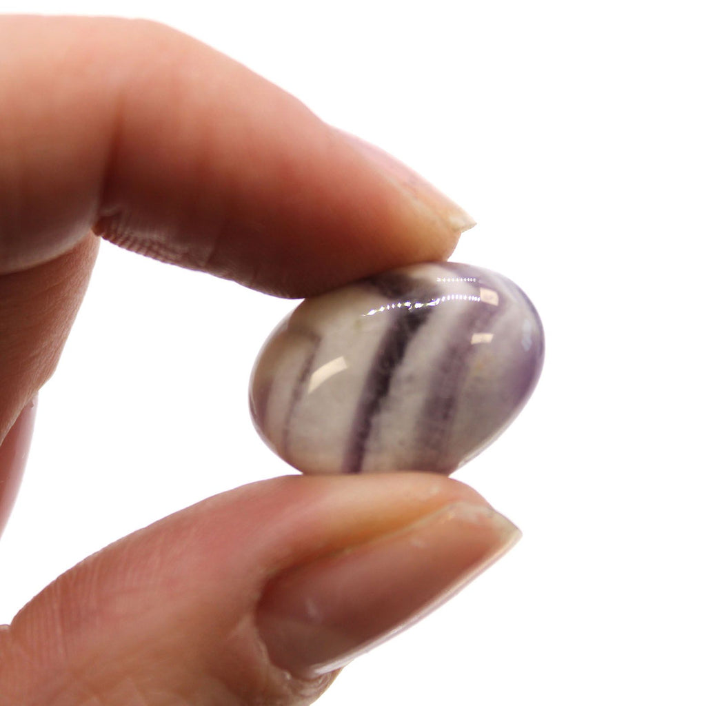 Hand holding a striped purple and white stone against a white background
