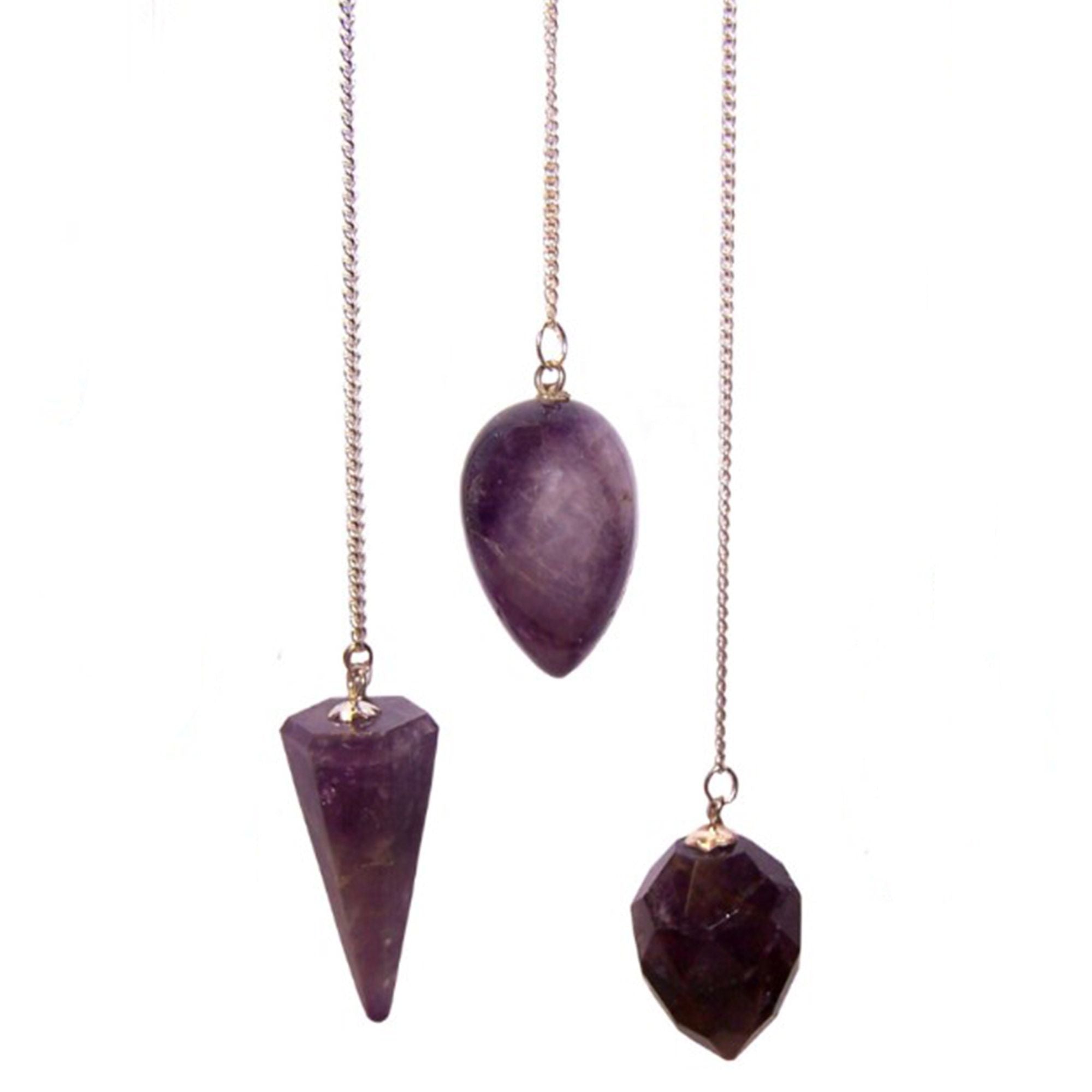 Purple stone pendants on gold chains against a white background