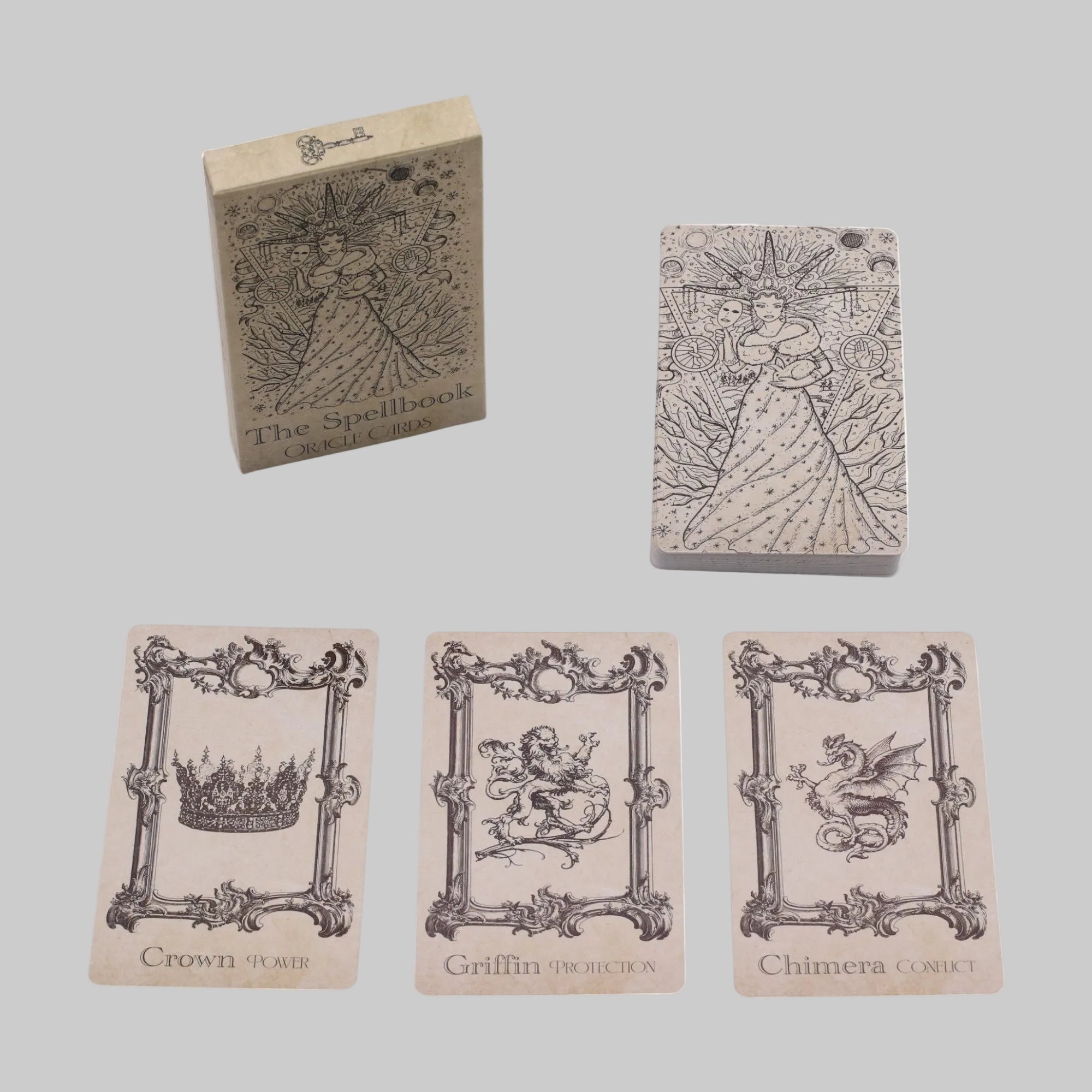 Set of fantasy-themed playing cards with decorative borders and creature illustrations on a white background.