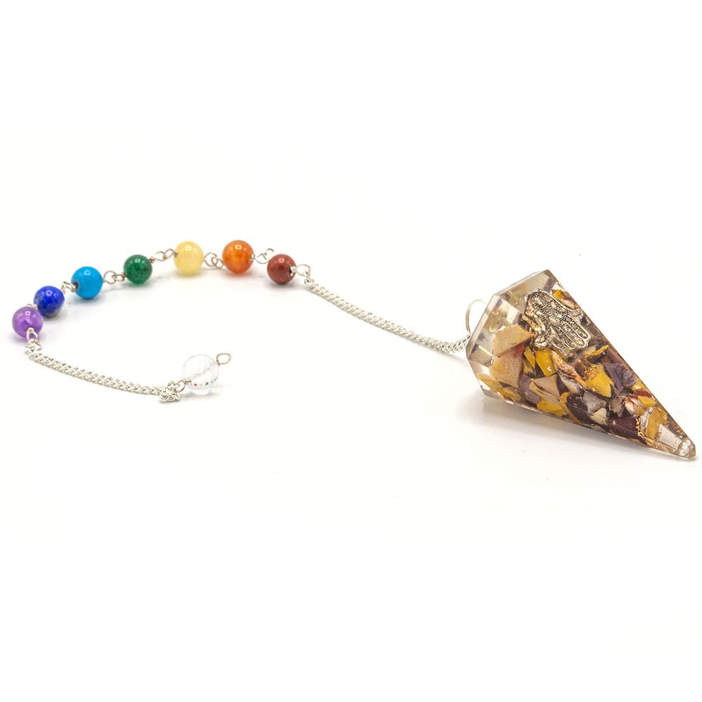 Crystal pendulum with chakra beads on a white background
