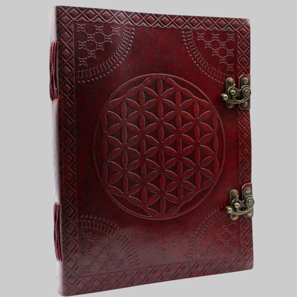 Red leather journal with embossed design and metal clasp on a white background