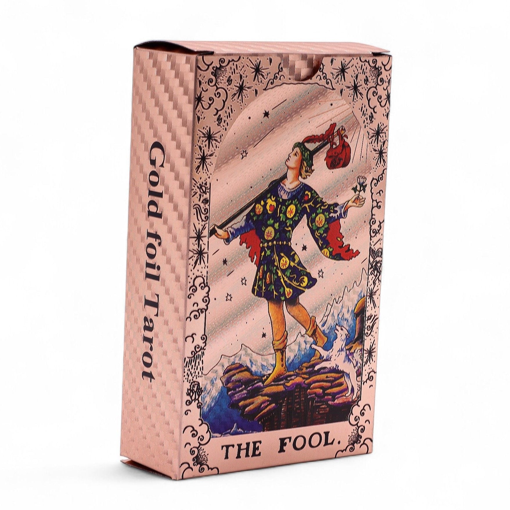 Tarot card box featuring 'The Fool' with gold foil design on a white background