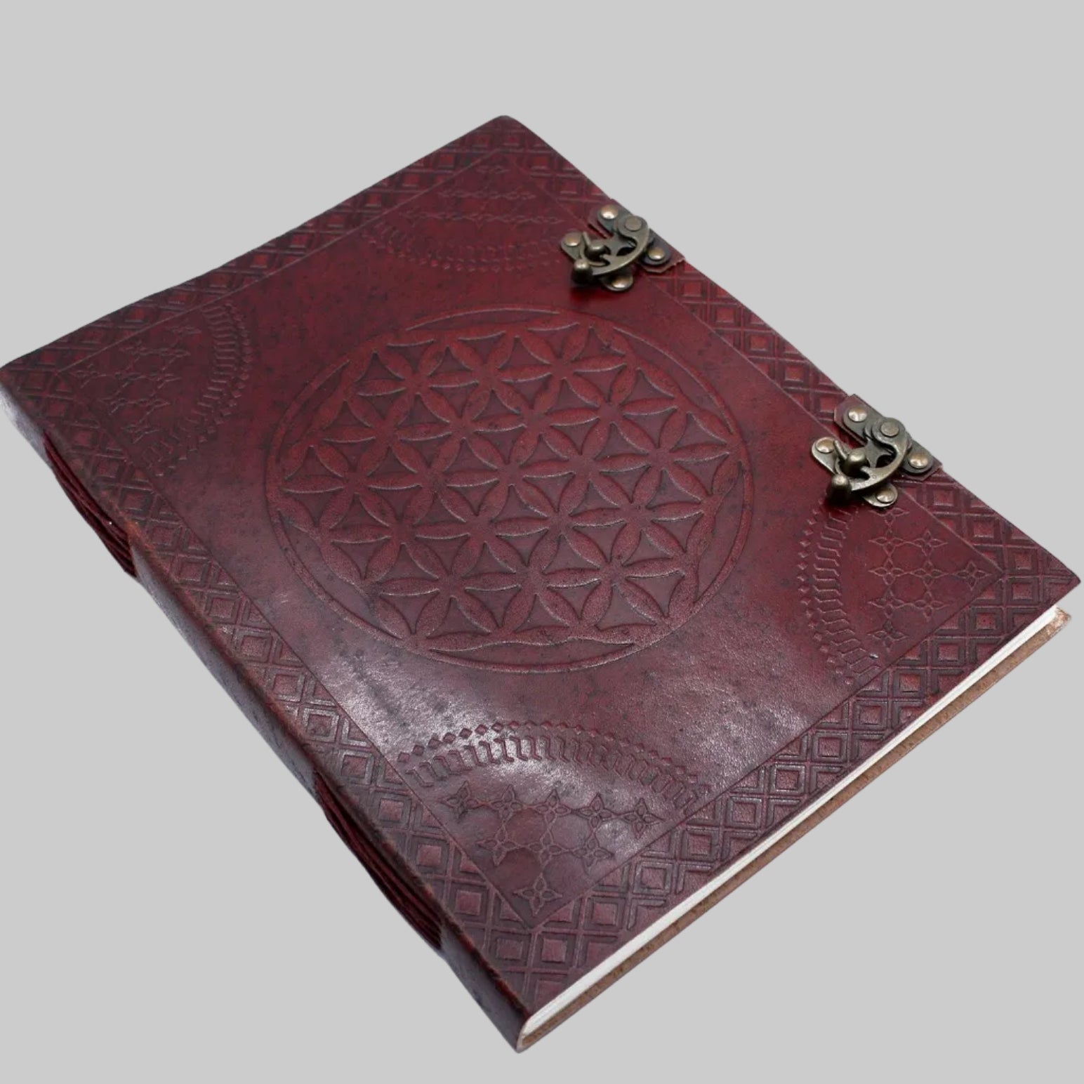 Brown leather notebook with embossed design and metal clasps on a white background