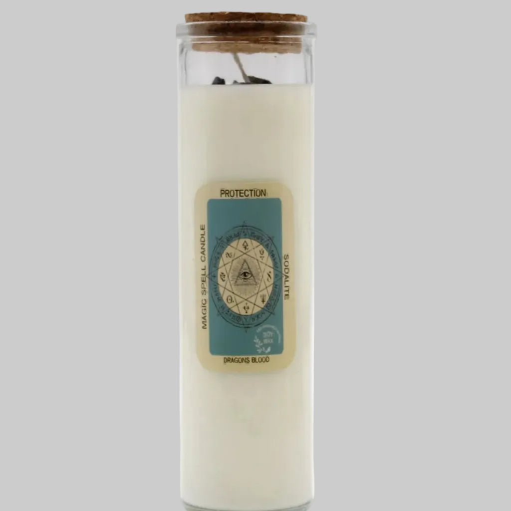 Glass candle with a label on a white background