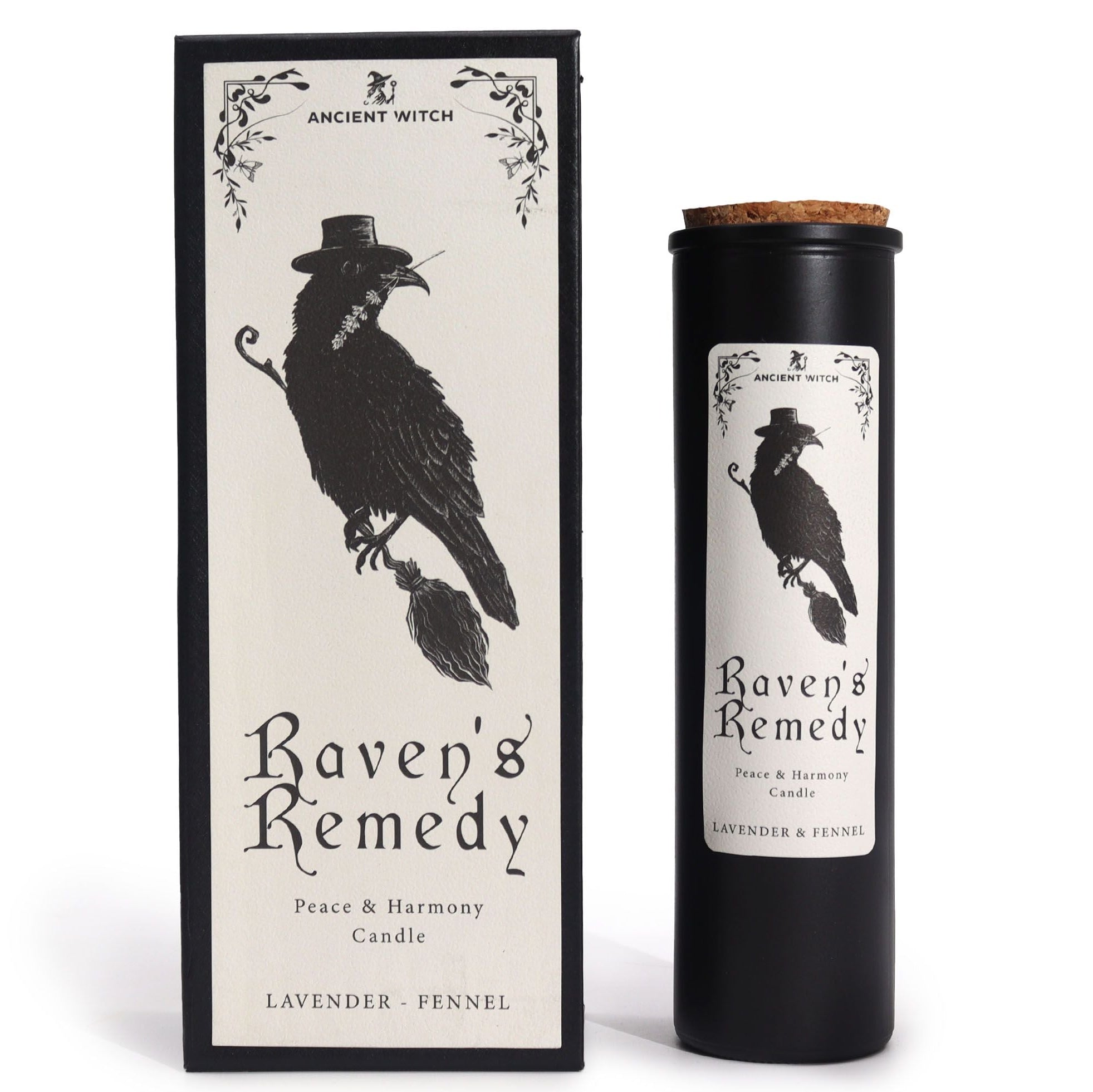 Candle labeled 'Raven's Remedy' with packaging featuring a black bird design on a white background.