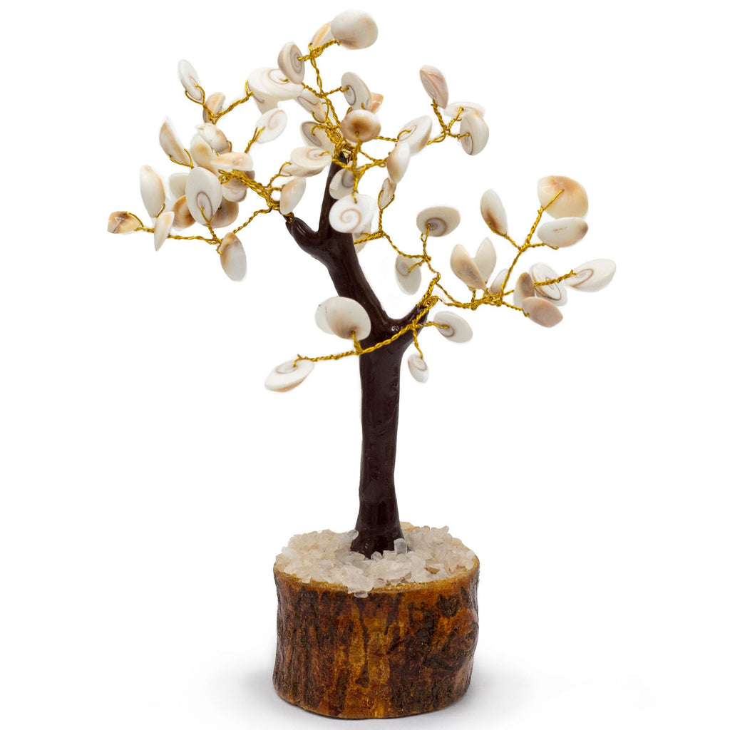 Decorative tree made of seashells on a wooden base with a white background