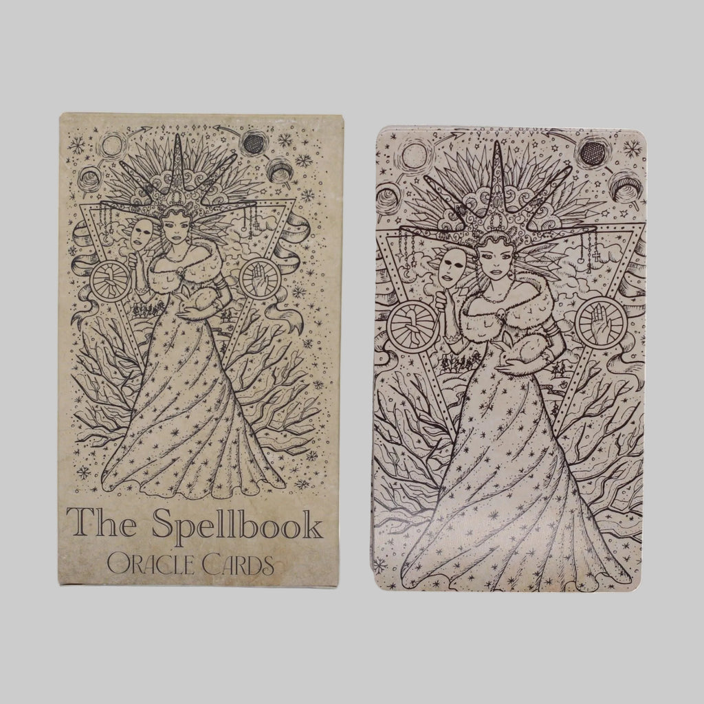 Two oracle card decks with a woman in a dress and celestial symbols on a white background.