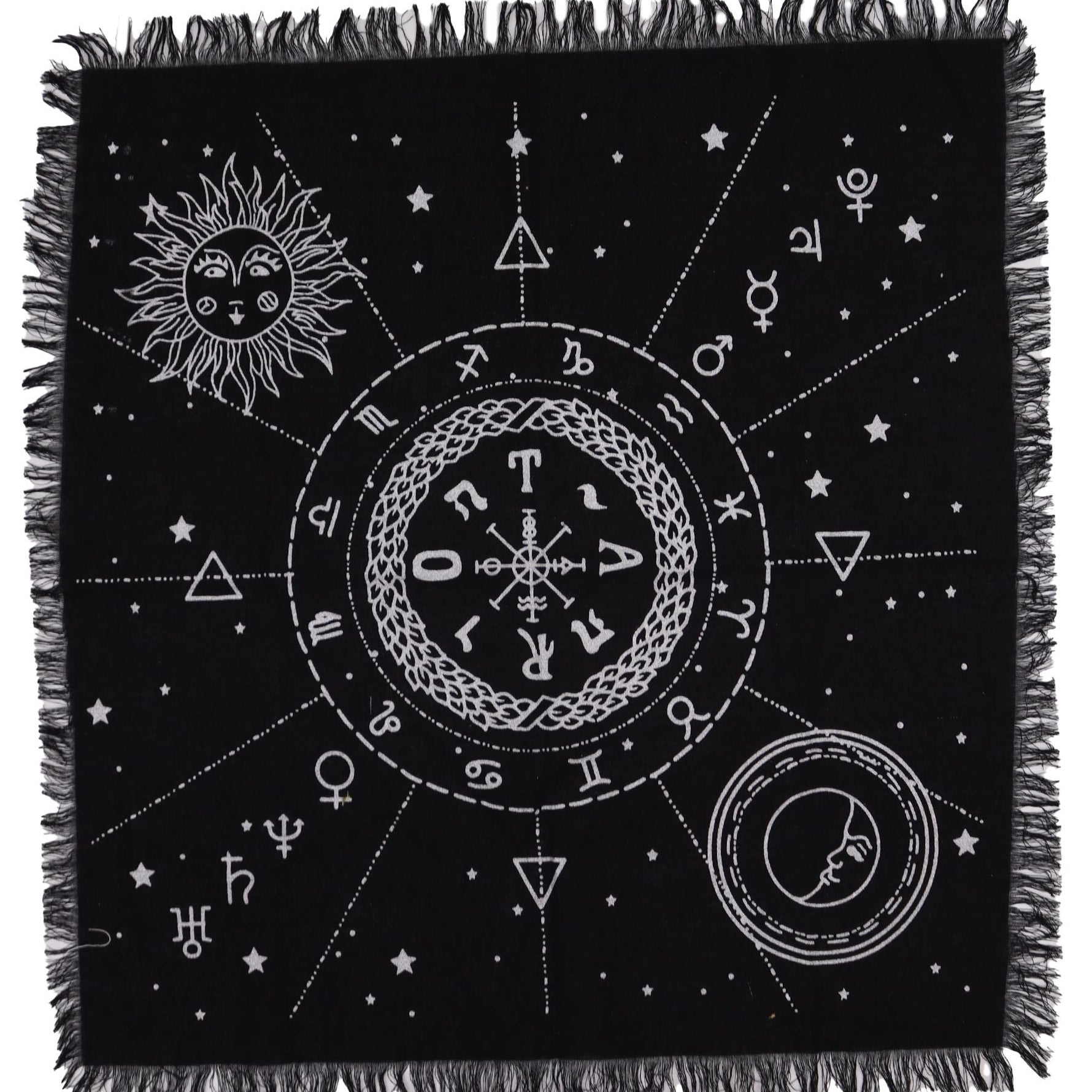 Black throw blanket with white symbols and fringes on a white background