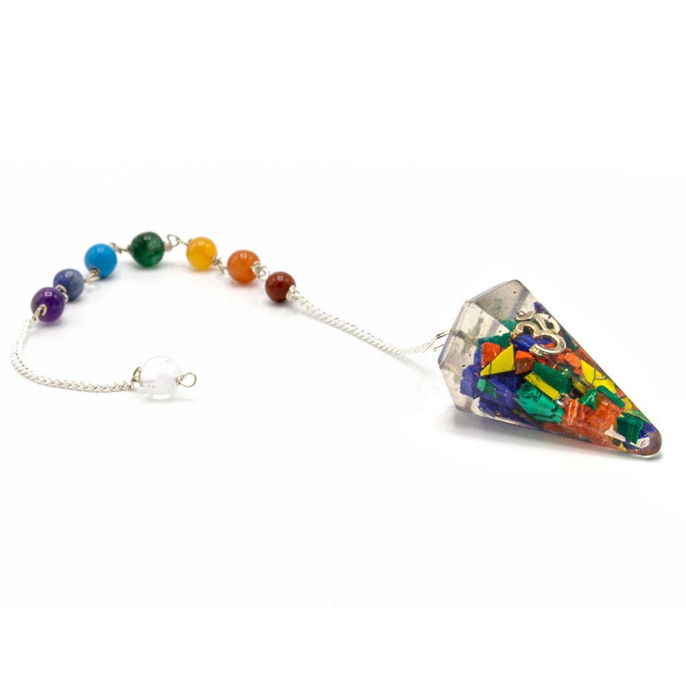 Colorful beaded necklace with a triangular pendant on a white background
