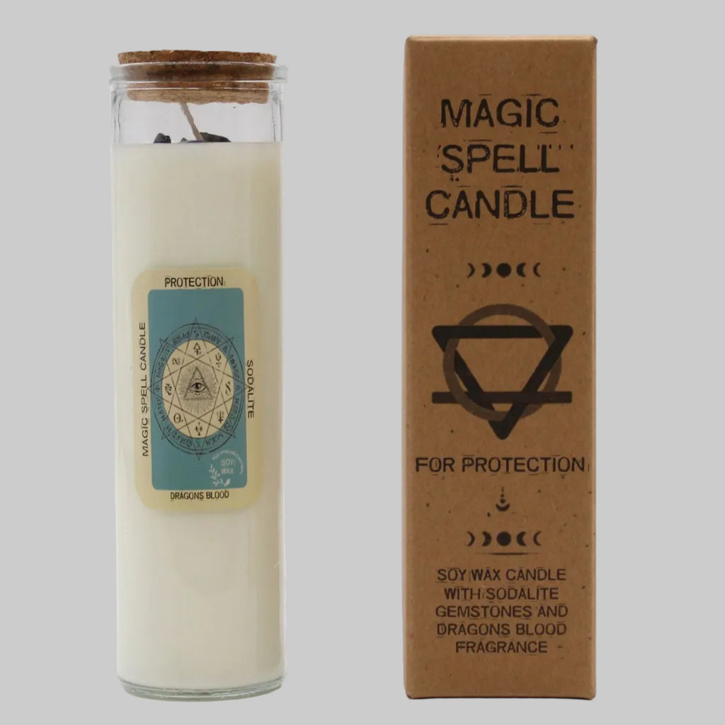 Magic spell candle with packaging on a white background