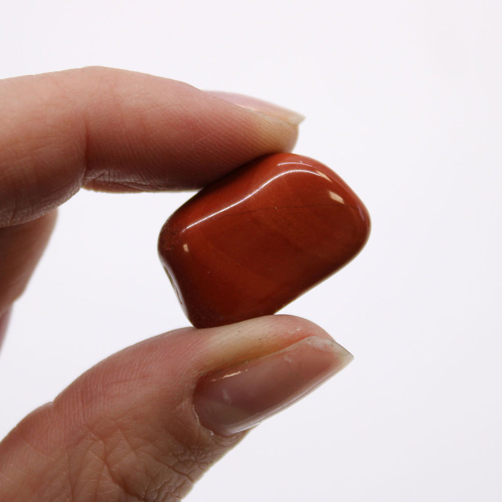 Hand holding a red stone against a white background