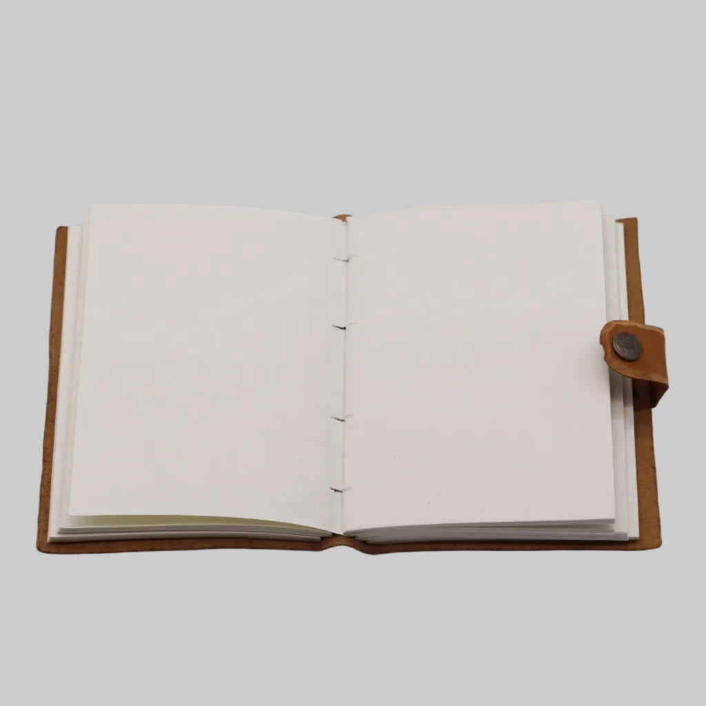Open notebook with leather-bound cover on a white background