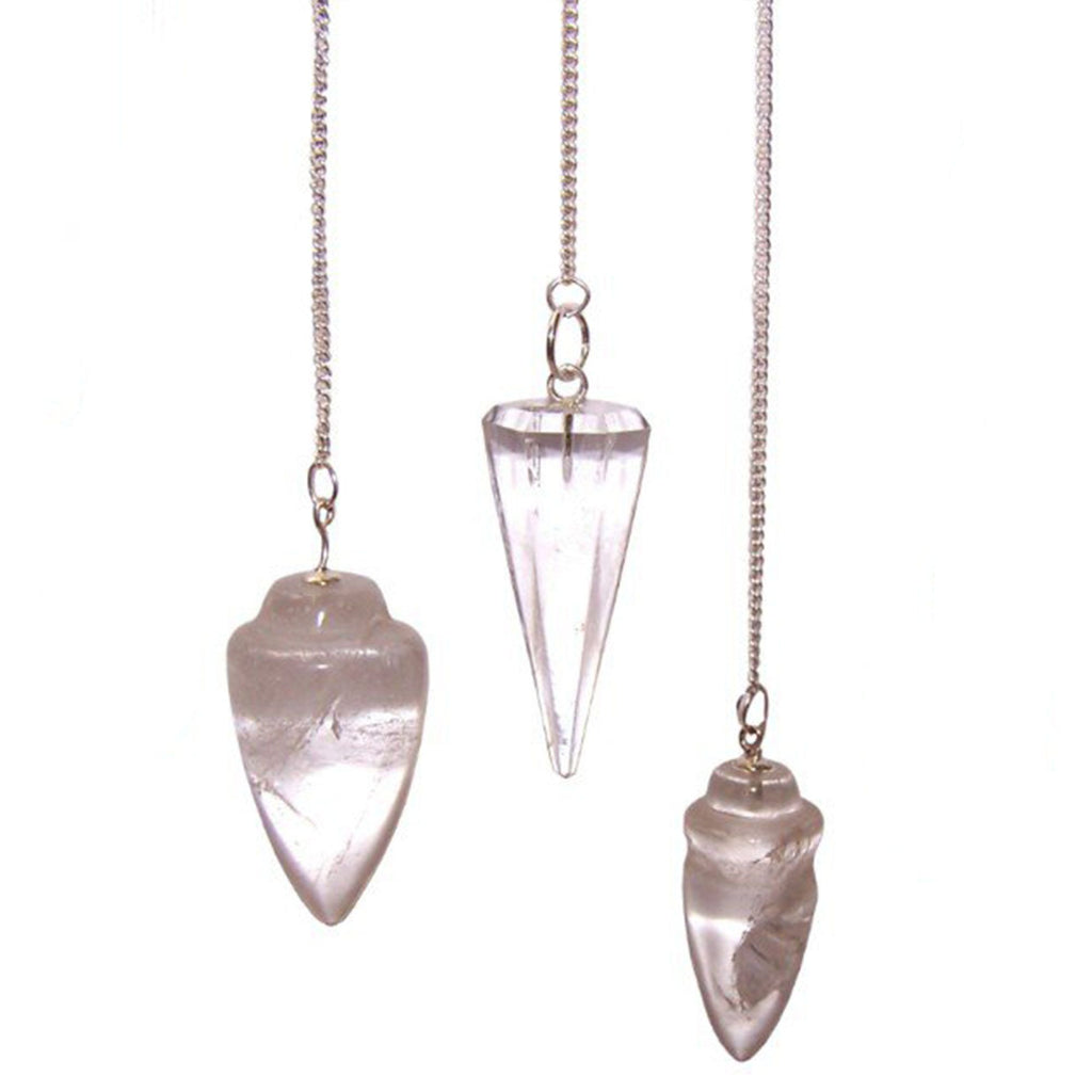 Three crystal pendants on chains against a white background
