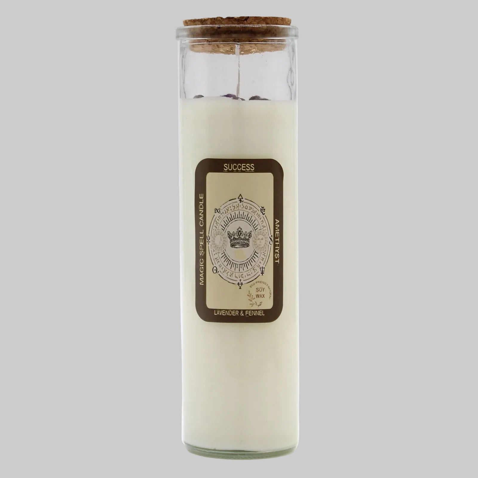 Glass candle with a cork lid and label on a white background