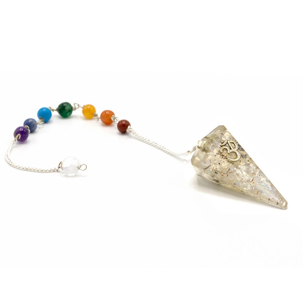 Crystal pendulum with chakra beads on a white background