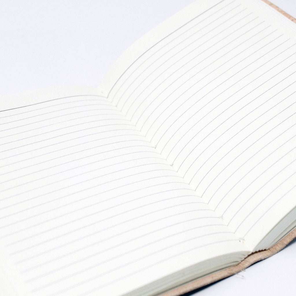 Close-up of a notebook with lined pages on a white background