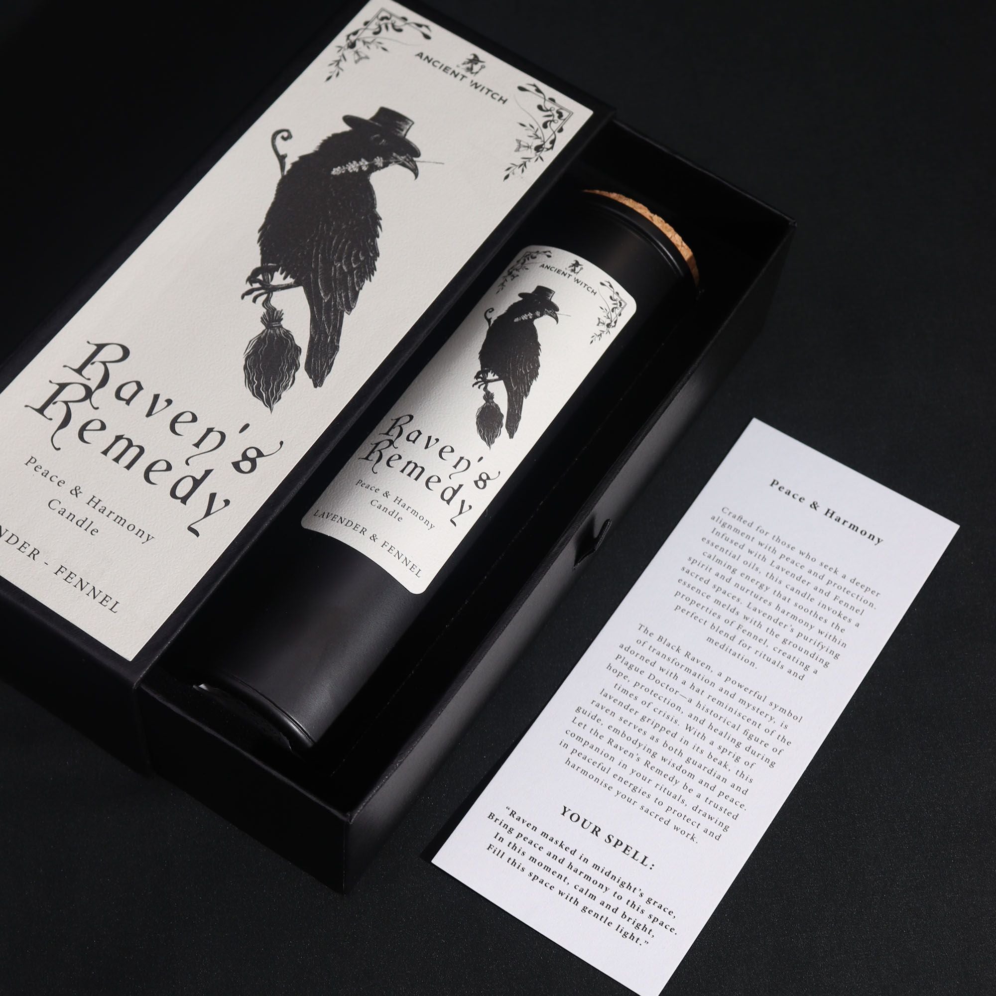 Candle packaging with 'Raven's Remedy' branding on a black background