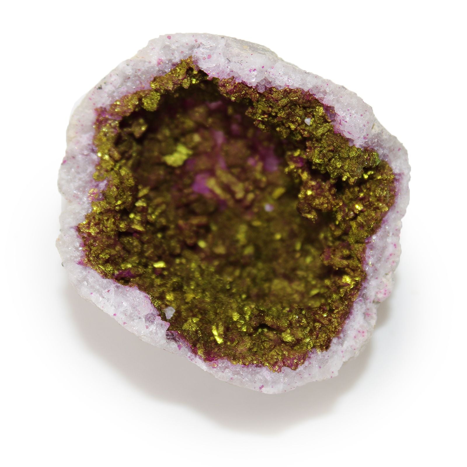 Mineral sample with green interior and pinkish-white exterior on a white background