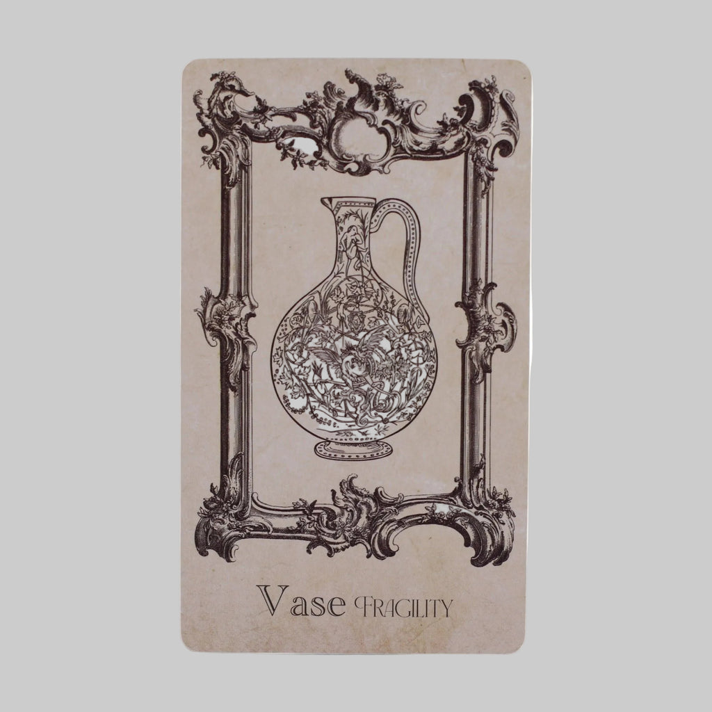Decorative card with an ornate frame and vintage-style vase illustration on a beige background.