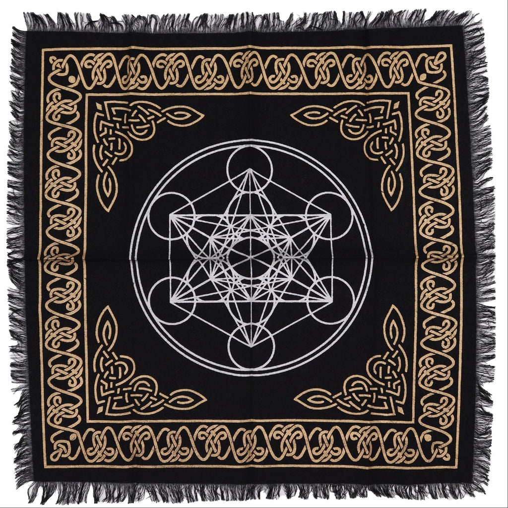 Black square mat with white geometric symbol and gold border on a white background