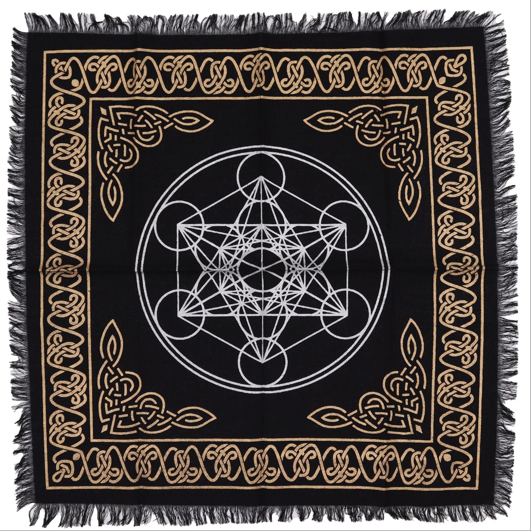 Black square mat with white geometric symbol and gold border on a white background