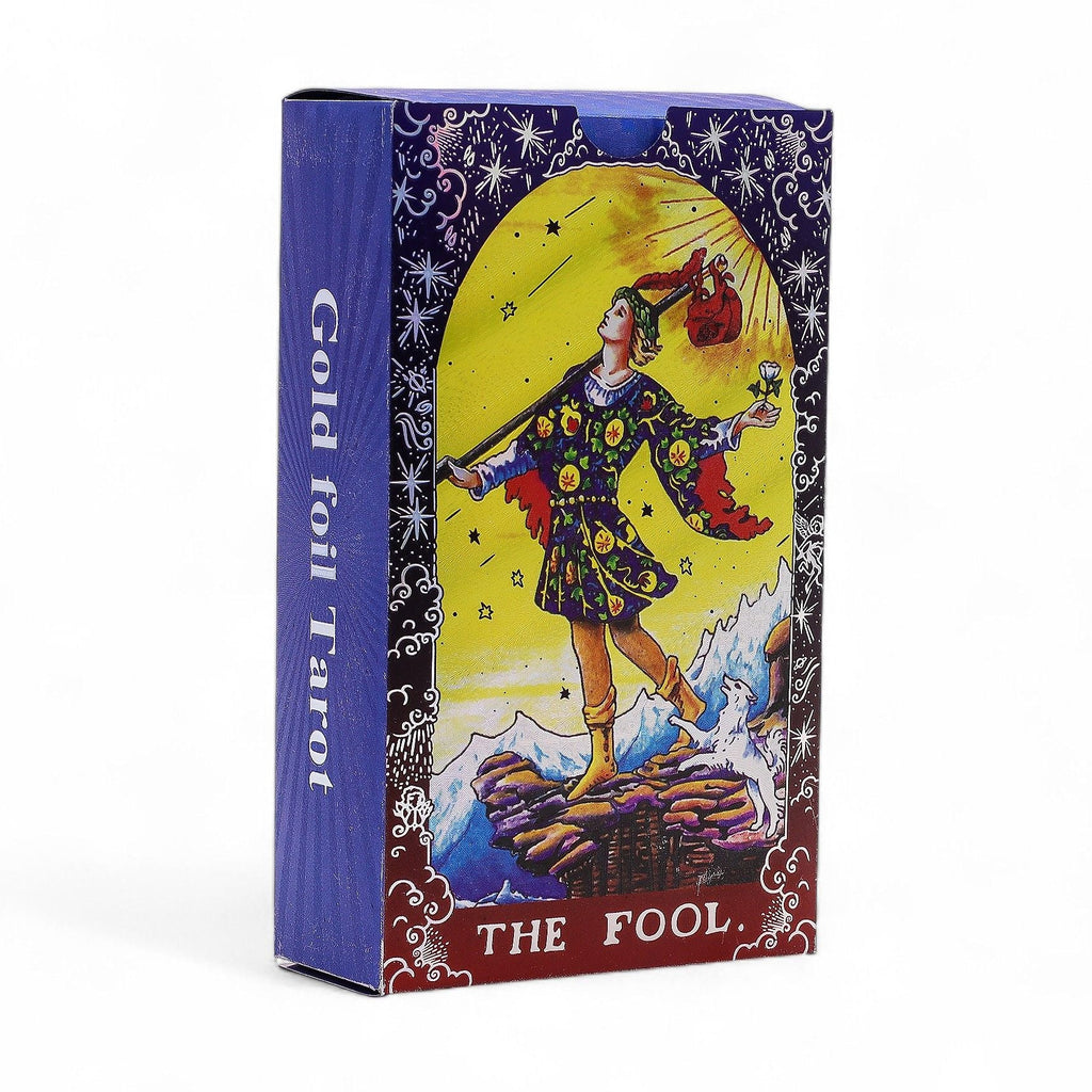 Tarot card box featuring 'The Fool' card design on a white background