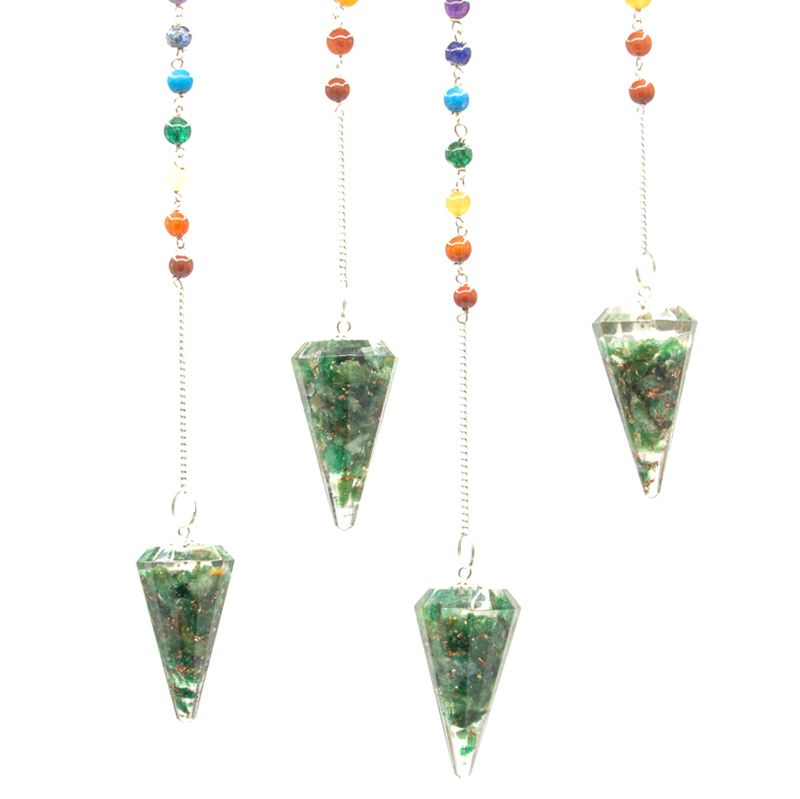 Set of four green crystal pendulums with colorful beads on a white background