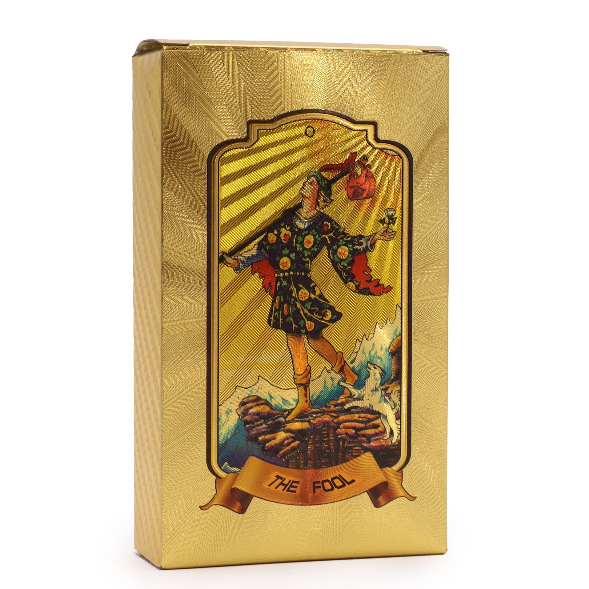 Gold box with tarot card design featuring 'The Fool' on a white background