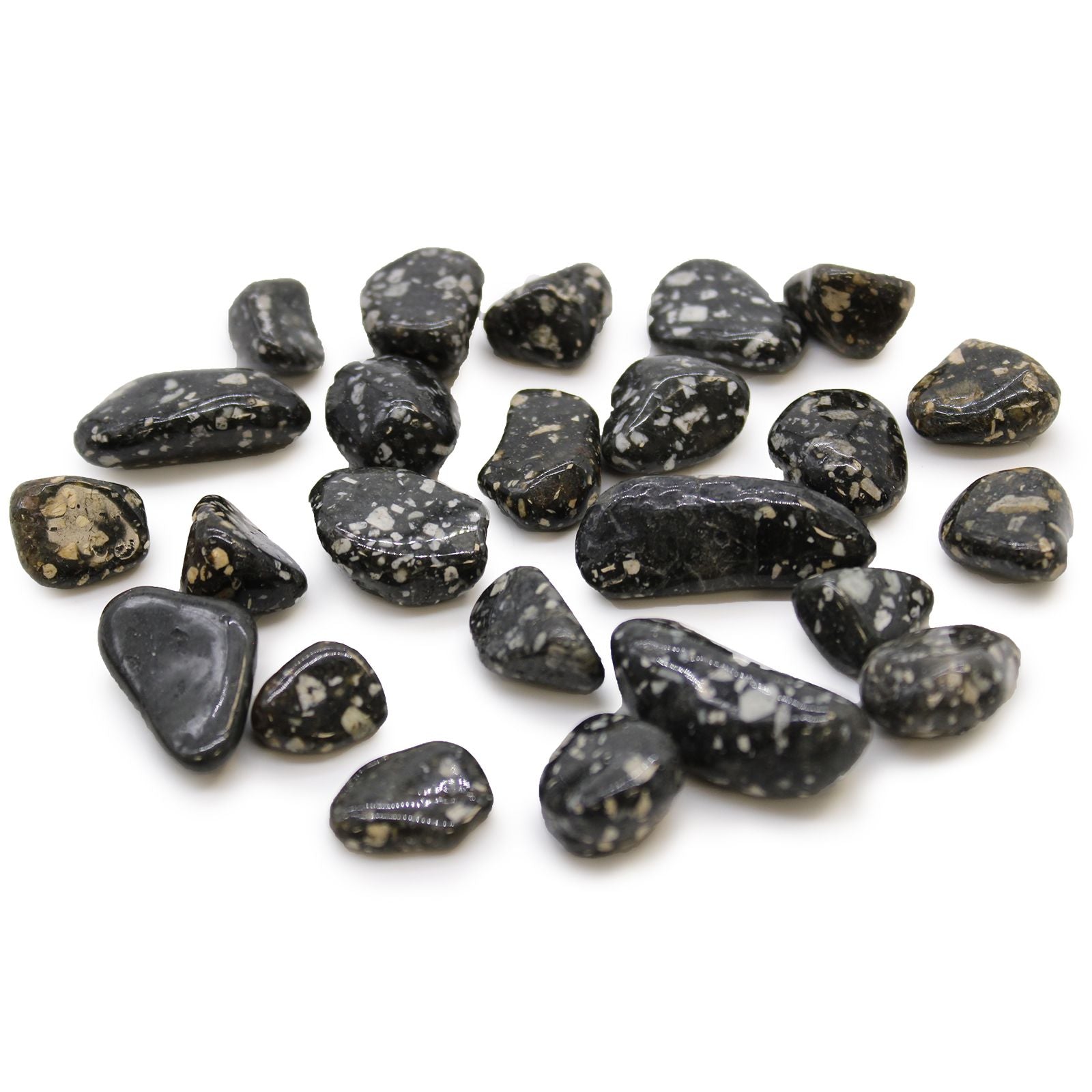 Collection of black stones with white speckles on a white background
