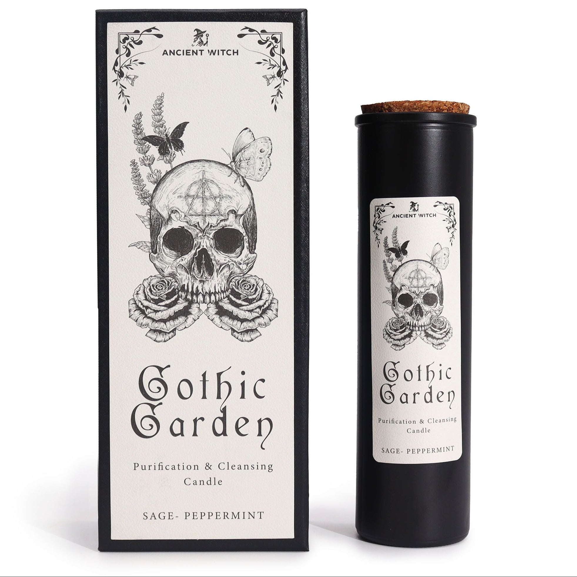 Gothic-themed candle with skull design and packaging on a white background