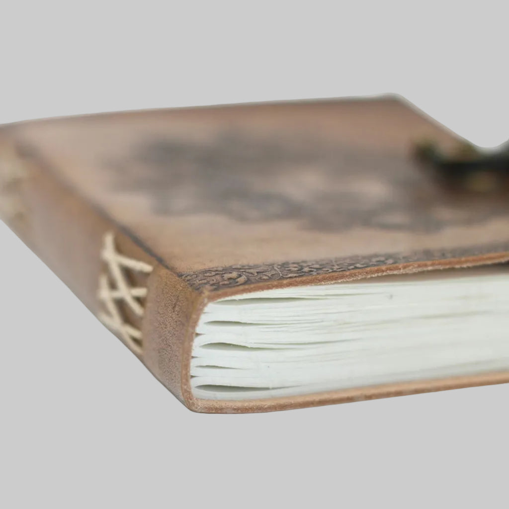 Close-up of a leather-bound notebook with white pages on a white background