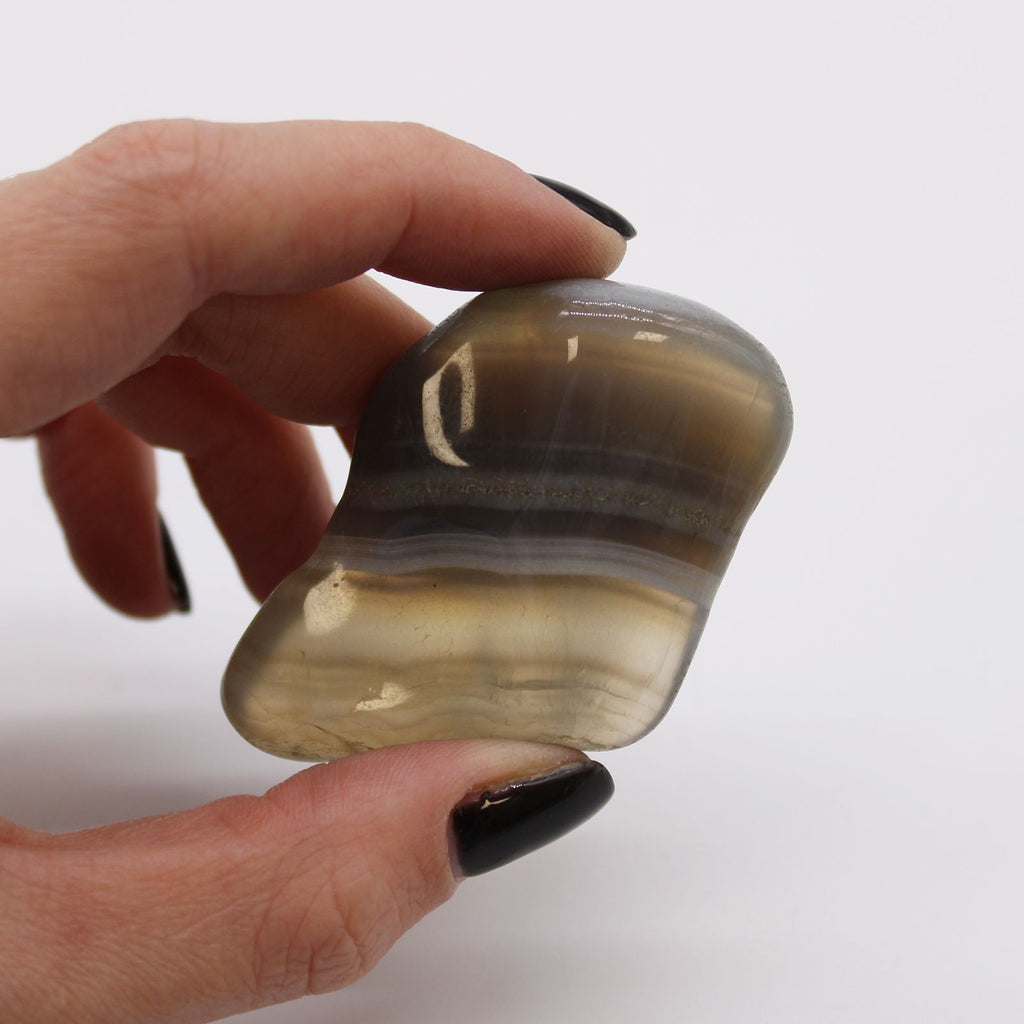 Hand holding a polished stone against a white background