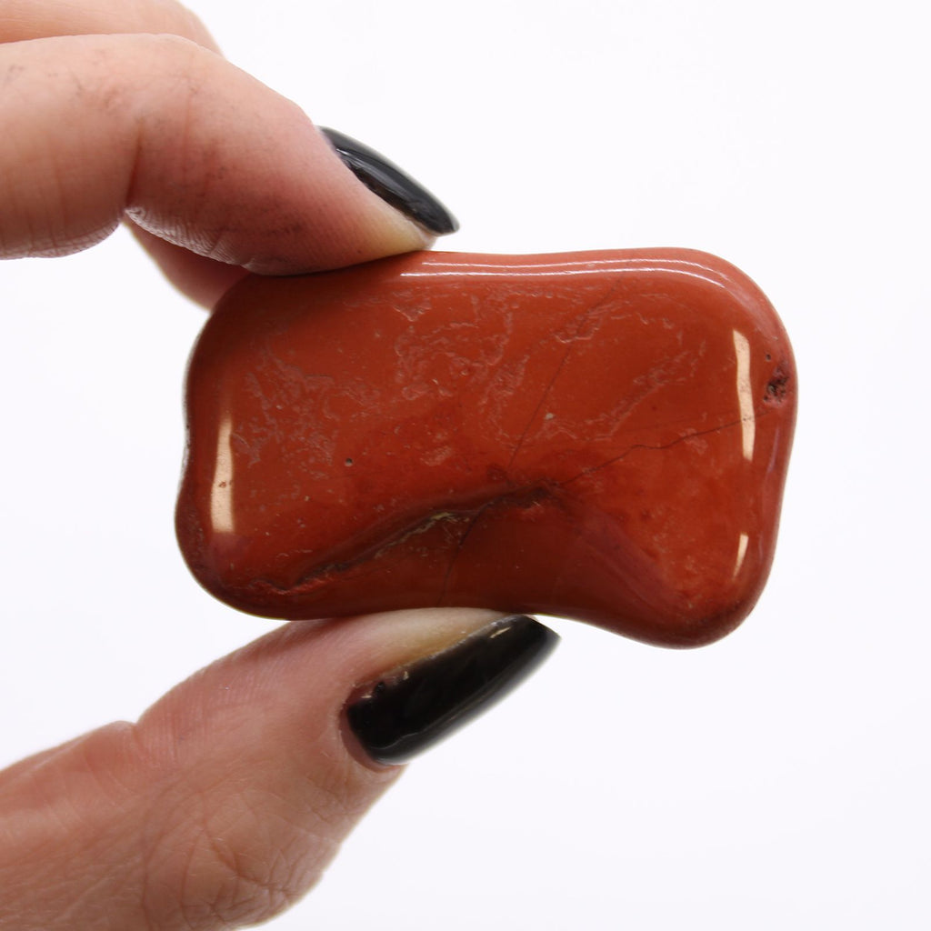 Hand holding a red jasper stone against a white background