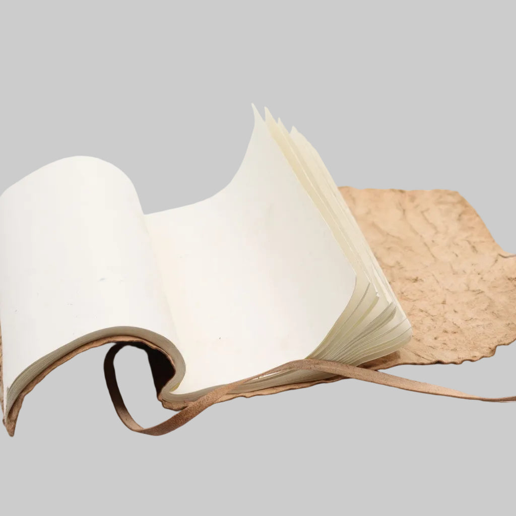Open book with natural paper and leather binding on a white background